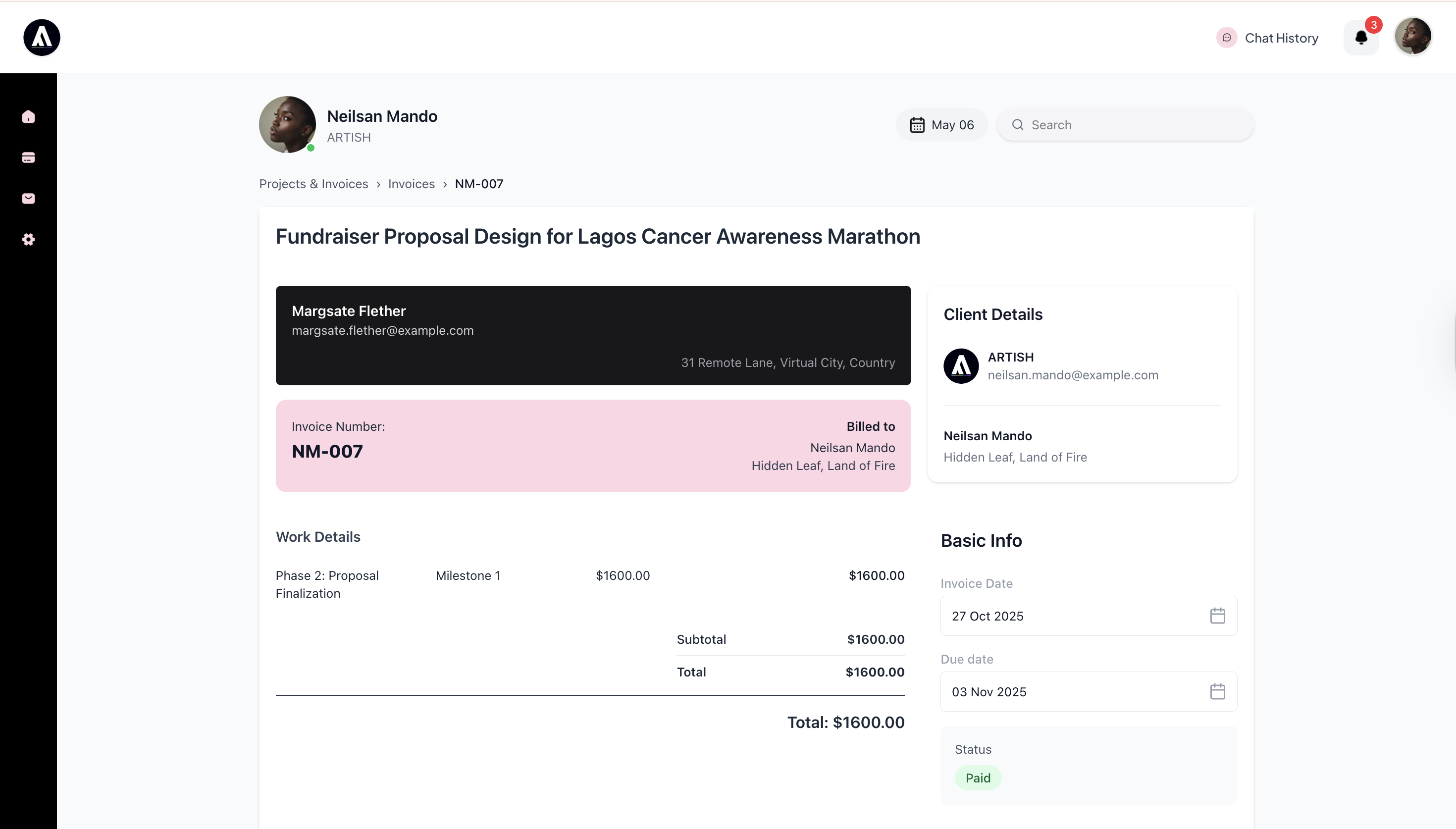 Invoice view on ARTISH